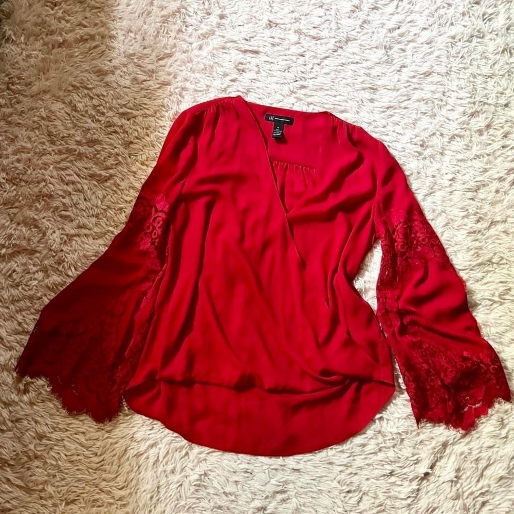 Bold Red Hot Retro Sheer Whimsical Lace Bell Sleeve Top Womens M Witchy Gothic